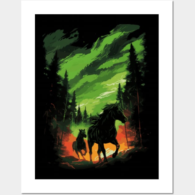 Wild Horses with Northern Lights - Vector Art Design Wall Art by VEKULI